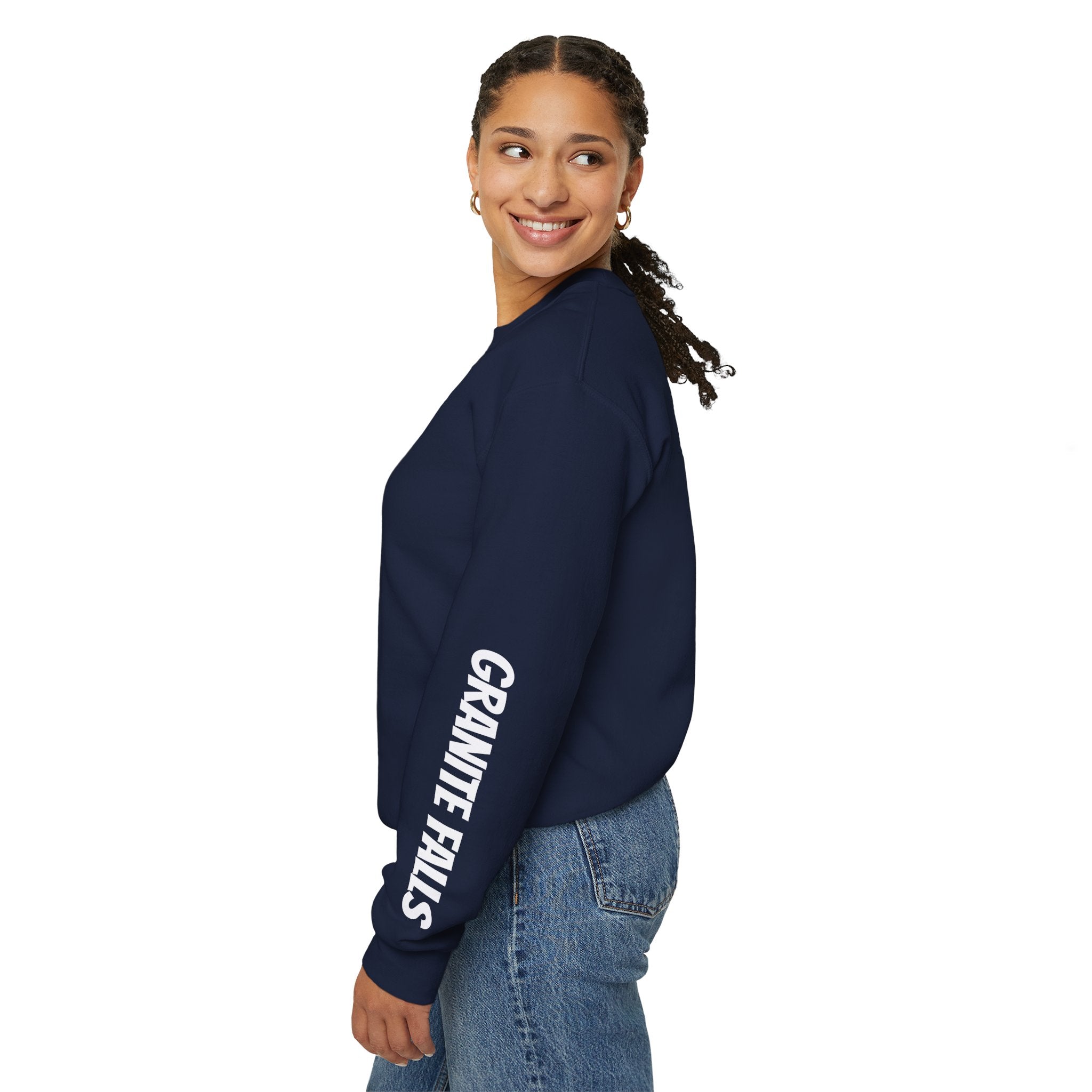 Granite Falls Hookline Sweatshirt with Granite Falls on the sleeve