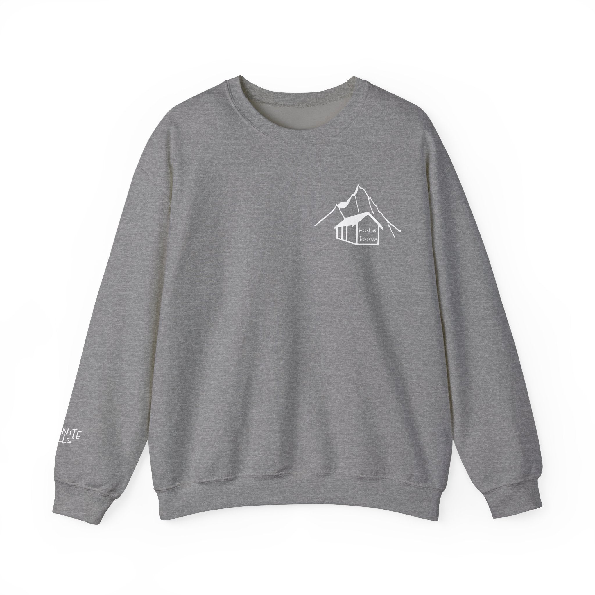 Hookline Small Classic Logo Crewneck Sweatshirt with Granite Falls on the wrist